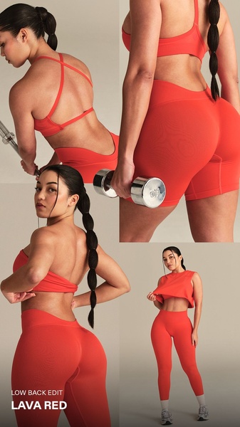 activewear set, sports bra, workout leggings, gym shorts, crop top, fitness apparel, new arrival, lifestyle, minimalist, energetic, bold, red, neutral